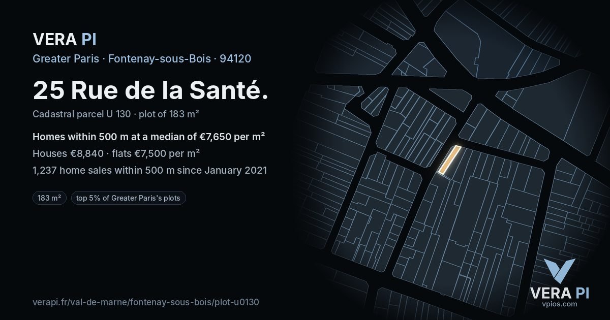 25 Rue de la Santé, Fontenay-sous-Bois at night – the plot lit, the parcels around coloured by the prices near them