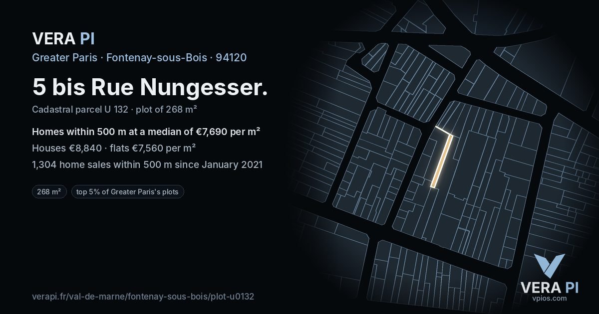 5 bis Rue Nungesser, Fontenay-sous-Bois at night – the plot lit, the parcels around coloured by the prices near them