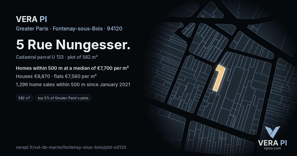 5 Rue Nungesser, Fontenay-sous-Bois at night – the plot lit, the parcels around coloured by the prices near them