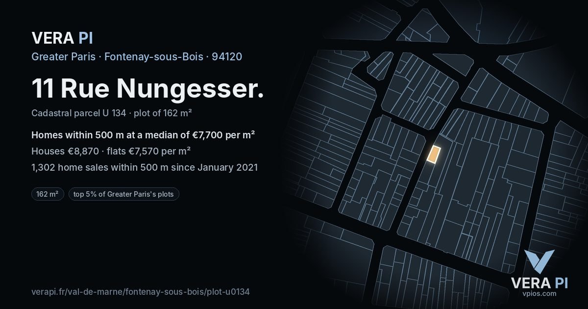 11 Rue Nungesser, Fontenay-sous-Bois at night – the plot lit, the parcels around coloured by the prices near them
