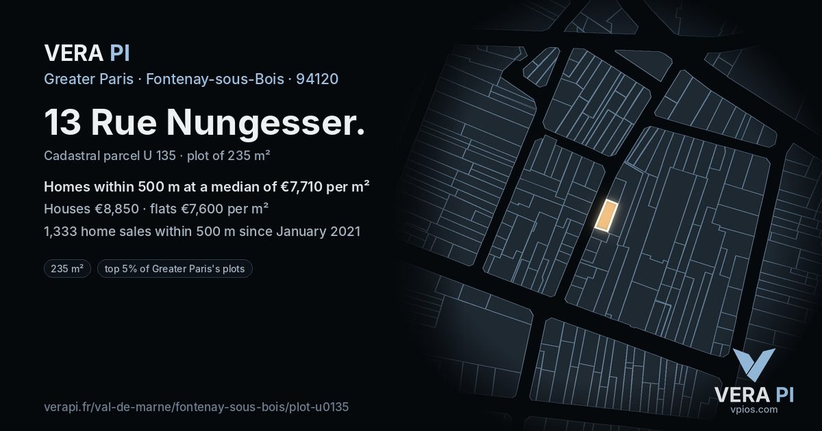 13 Rue Nungesser, Fontenay-sous-Bois at night – the plot lit, the parcels around coloured by the prices near them