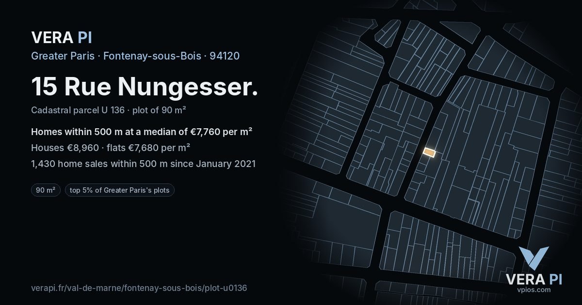 15 Rue Nungesser, Fontenay-sous-Bois at night – the plot lit, the parcels around coloured by the prices near them
