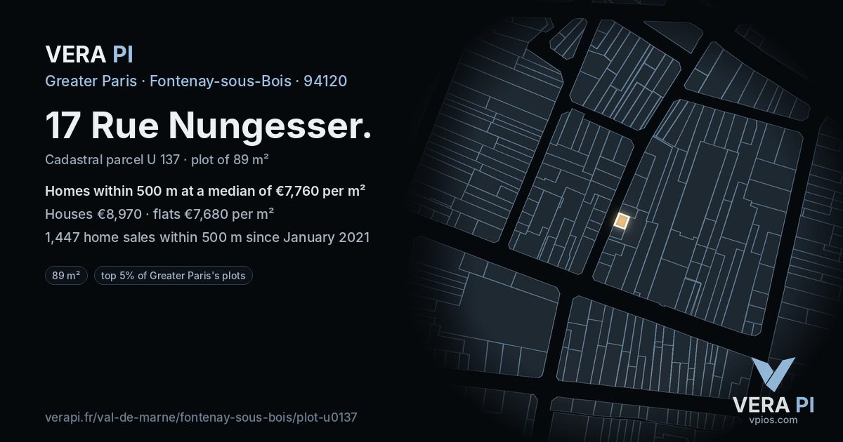 17 Rue Nungesser, Fontenay-sous-Bois at night – the plot lit, the parcels around coloured by the prices near them