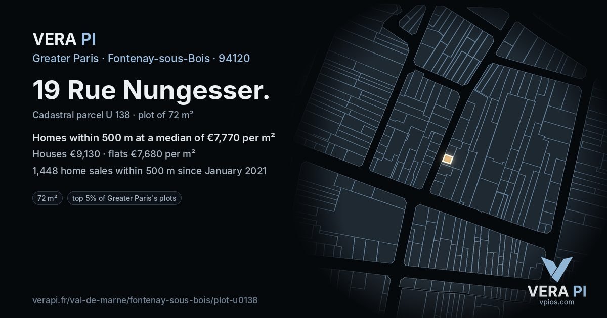 19 Rue Nungesser, Fontenay-sous-Bois at night – the plot lit, the parcels around coloured by the prices near them
