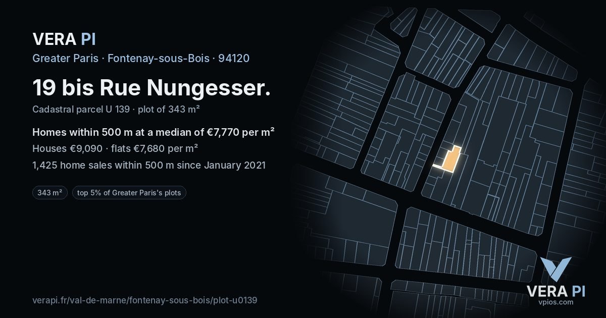 19 bis Rue Nungesser, Fontenay-sous-Bois at night – the plot lit, the parcels around coloured by the prices near them