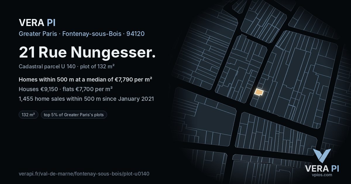 21 Rue Nungesser, Fontenay-sous-Bois at night – the plot lit, the parcels around coloured by the prices near them
