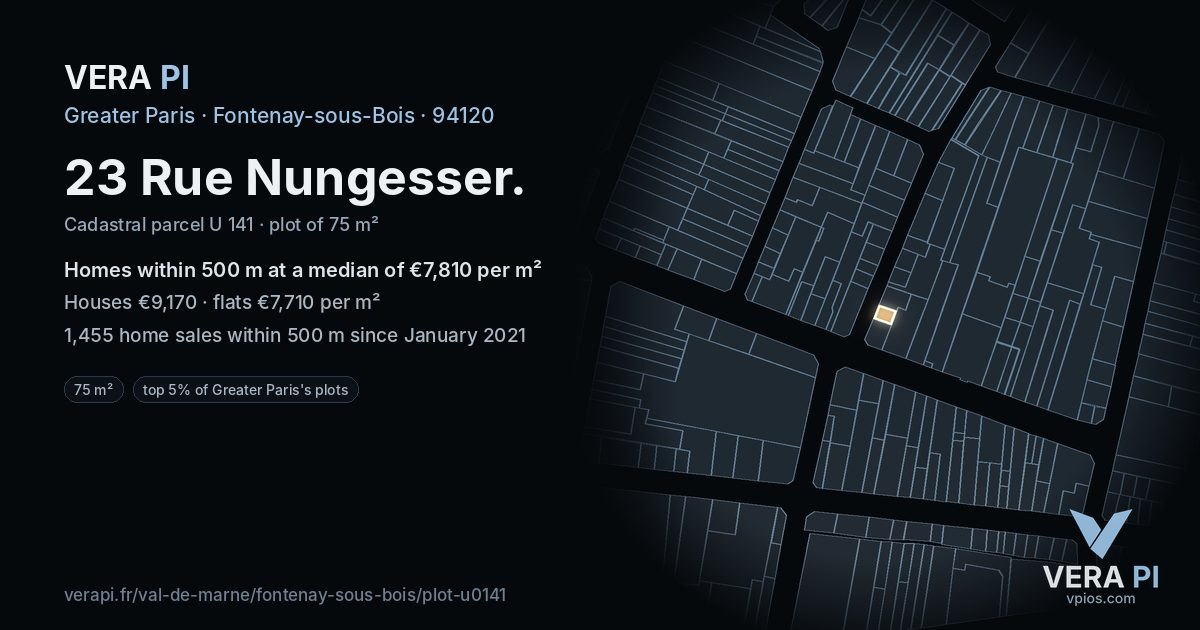 23 Rue Nungesser, Fontenay-sous-Bois at night – the plot lit, the parcels around coloured by the prices near them