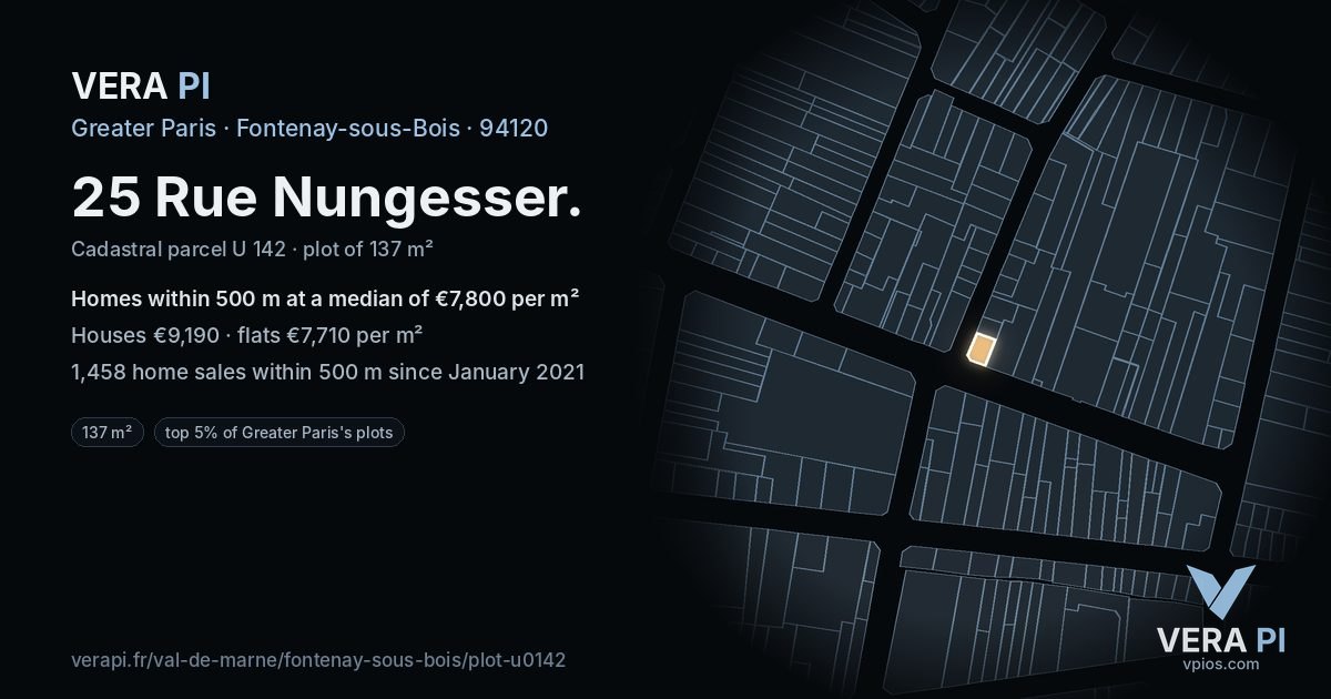 25 Rue Nungesser, Fontenay-sous-Bois at night – the plot lit, the parcels around coloured by the prices near them