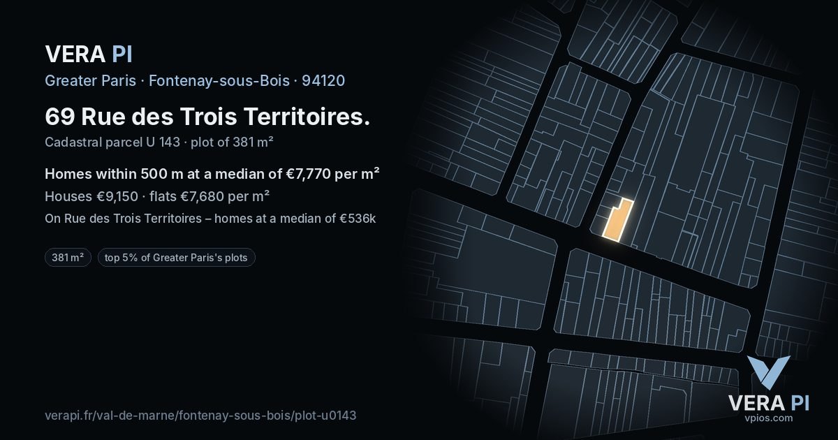 69 Rue des Trois Territoires, Fontenay-sous-Bois at night – the plot lit, the parcels around coloured by the prices near them