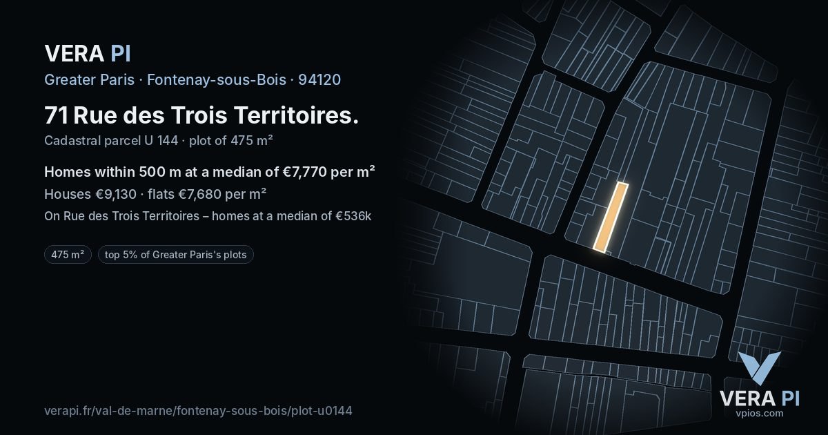 71 Rue des Trois Territoires, Fontenay-sous-Bois at night – the plot lit, the parcels around coloured by the prices near them