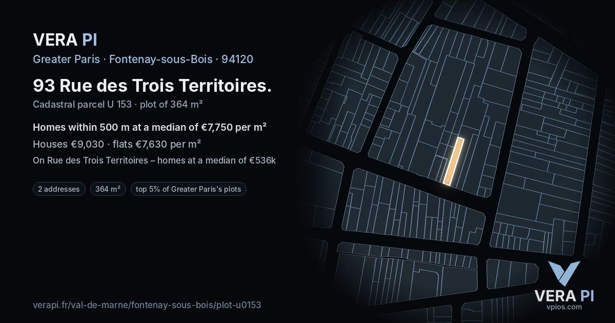 93 Rue des Trois Territoires, Fontenay-sous-Bois at night – the plot lit, the parcels around coloured by the prices near them