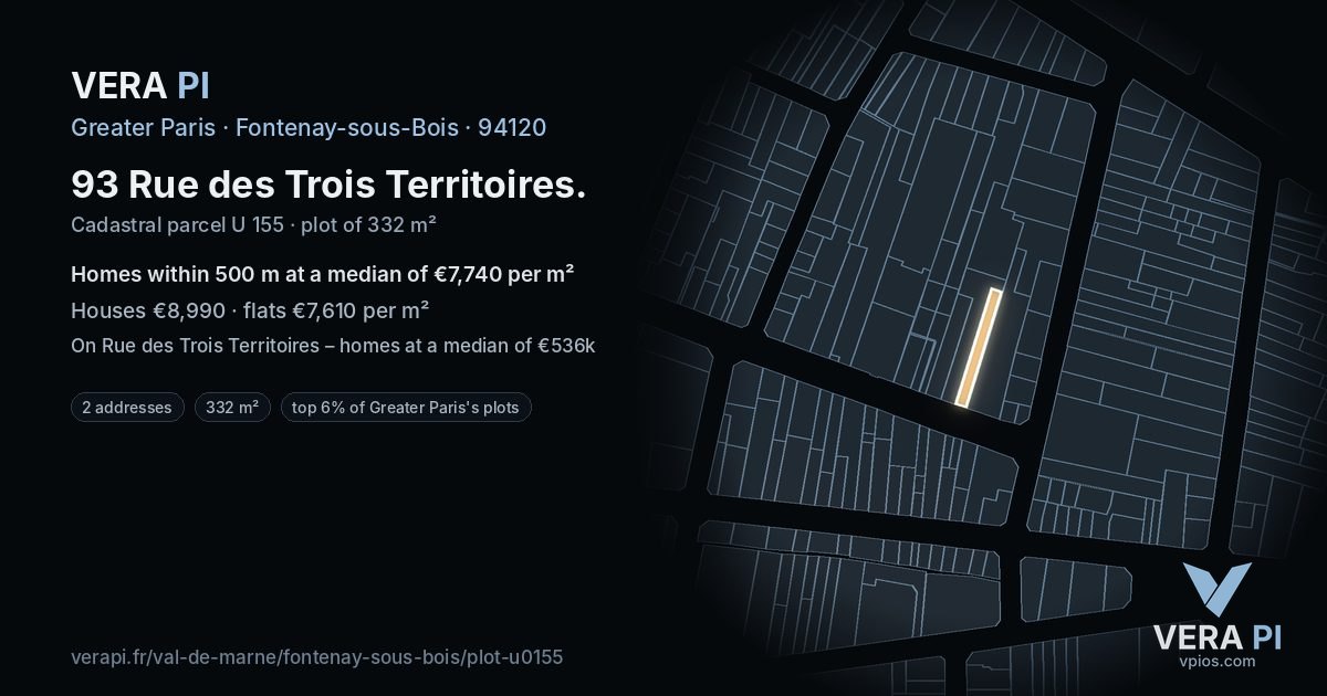 93 Rue des Trois Territoires, Fontenay-sous-Bois at night – the plot lit, the parcels around coloured by the prices near them
