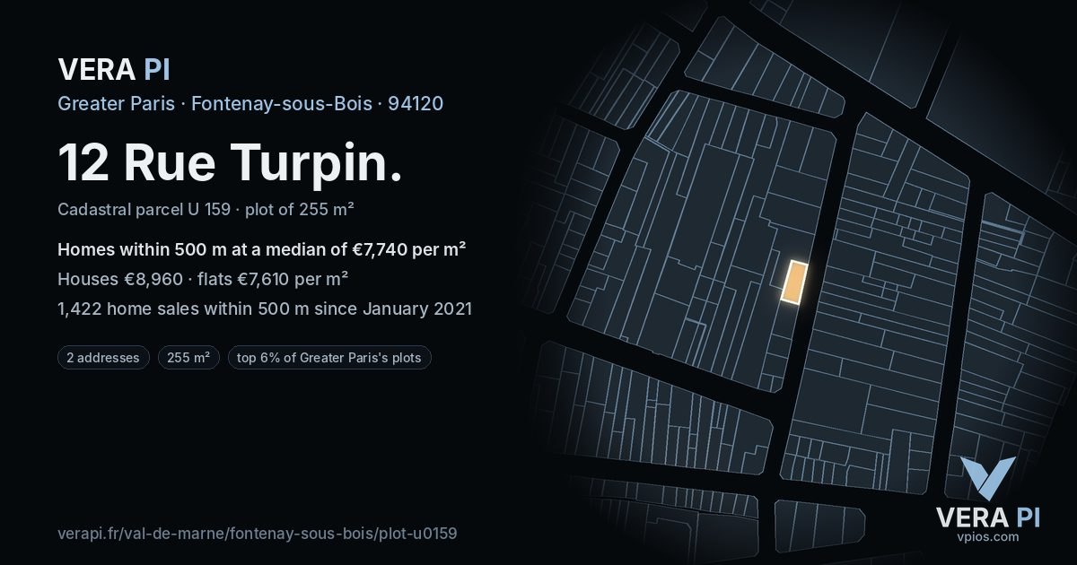 12 Rue Turpin, Fontenay-sous-Bois at night – the plot lit, the parcels around coloured by the prices near them