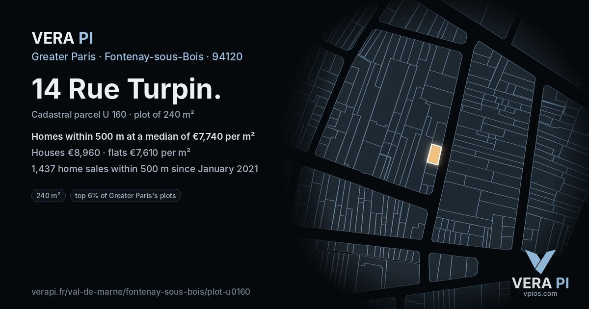 14 Rue Turpin, Fontenay-sous-Bois at night – the plot lit, the parcels around coloured by the prices near them