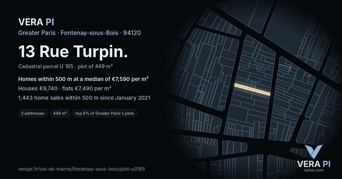 13 Rue Turpin, Fontenay-sous-Bois at night – the plot lit, the parcels around coloured by the prices near them