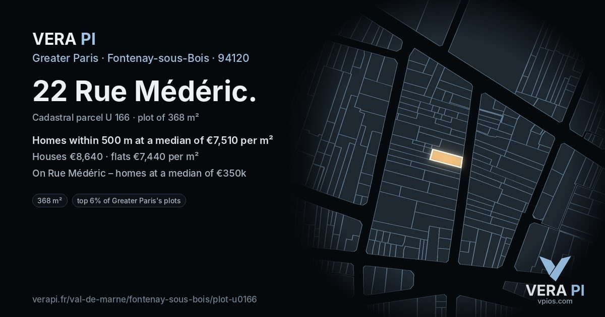 22 Rue Médéric, Fontenay-sous-Bois at night – the plot lit, the parcels around coloured by the prices near them