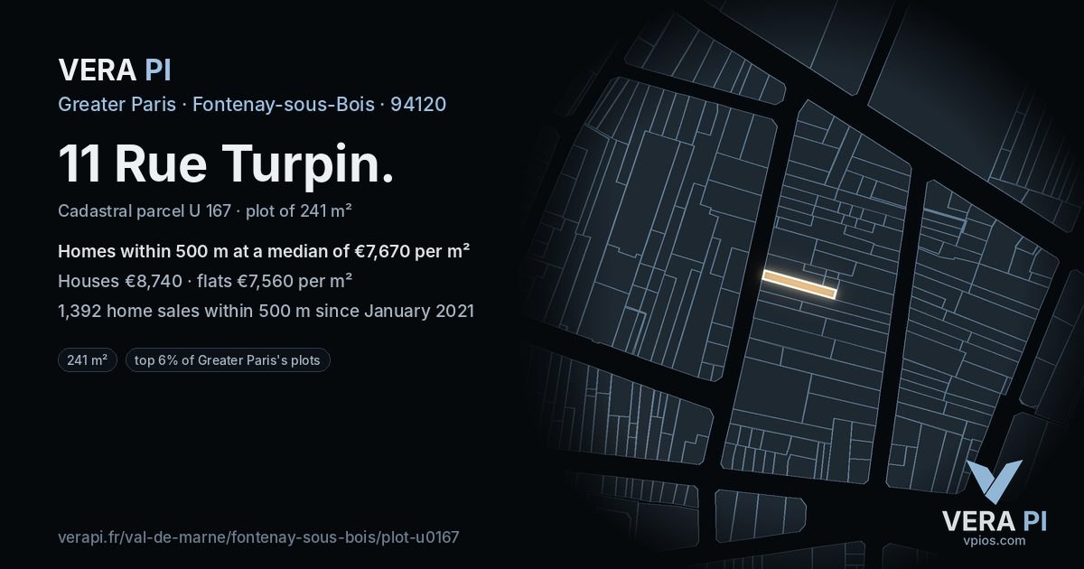 11 Rue Turpin, Fontenay-sous-Bois at night – the plot lit, the parcels around coloured by the prices near them