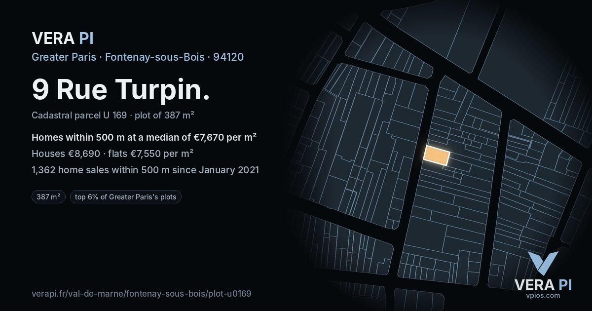 9 Rue Turpin, Fontenay-sous-Bois at night – the plot lit, the parcels around coloured by the prices near them