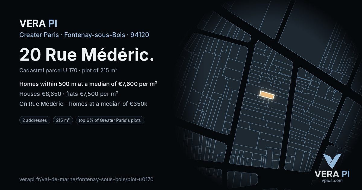 20 Rue Médéric, Fontenay-sous-Bois at night – the plot lit, the parcels around coloured by the prices near them