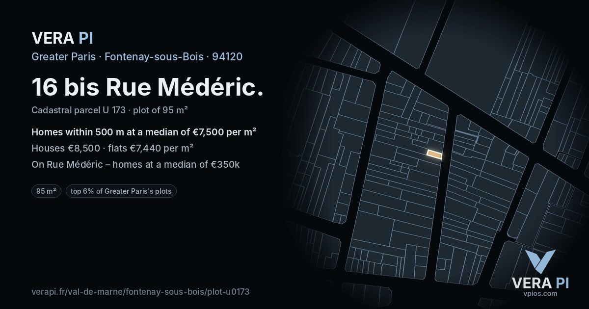 16 bis Rue Médéric, Fontenay-sous-Bois at night – the plot lit, the parcels around coloured by the prices near them
