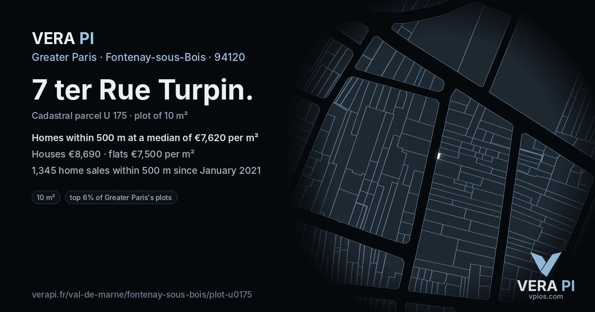 7 ter Rue Turpin, Fontenay-sous-Bois at night – the plot lit, the parcels around coloured by the prices near them
