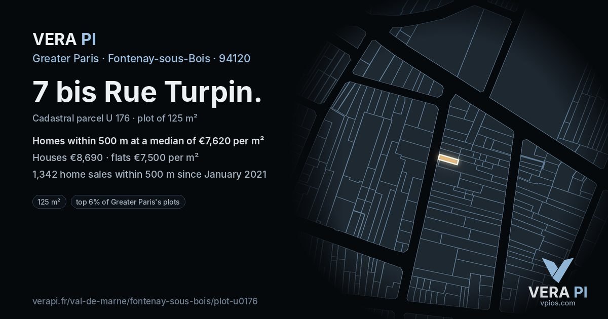 7 bis Rue Turpin, Fontenay-sous-Bois at night – the plot lit, the parcels around coloured by the prices near them