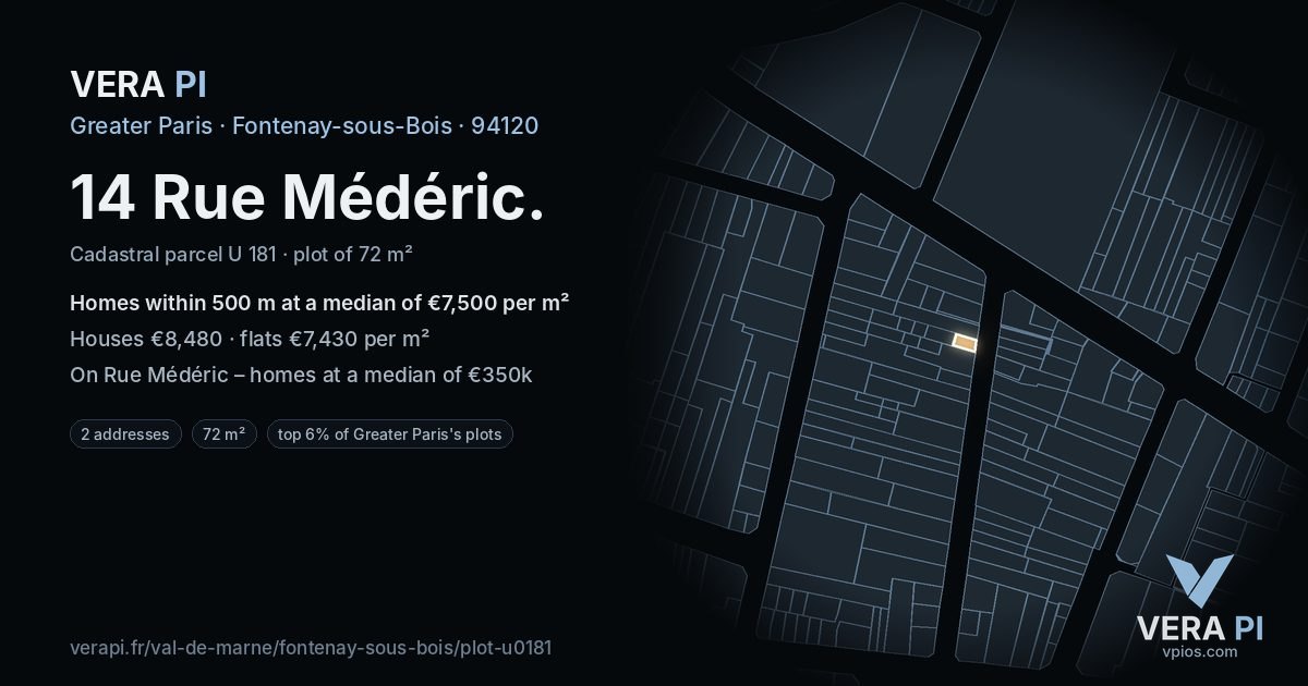 14 Rue Médéric, Fontenay-sous-Bois at night – the plot lit, the parcels around coloured by the prices near them