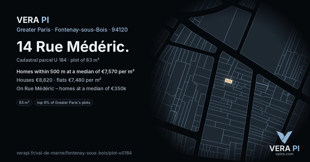 14 Rue Médéric, Fontenay-sous-Bois at night – the plot lit, the parcels around coloured by the prices near them