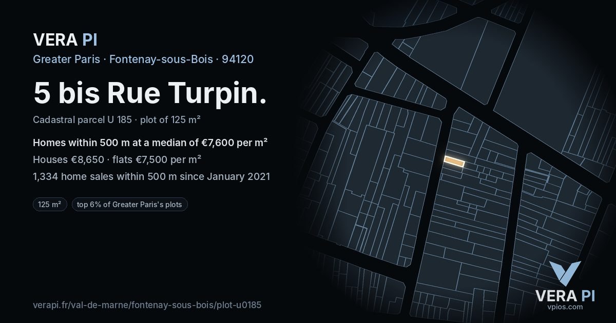 5 bis Rue Turpin, Fontenay-sous-Bois at night – the plot lit, the parcels around coloured by the prices near them