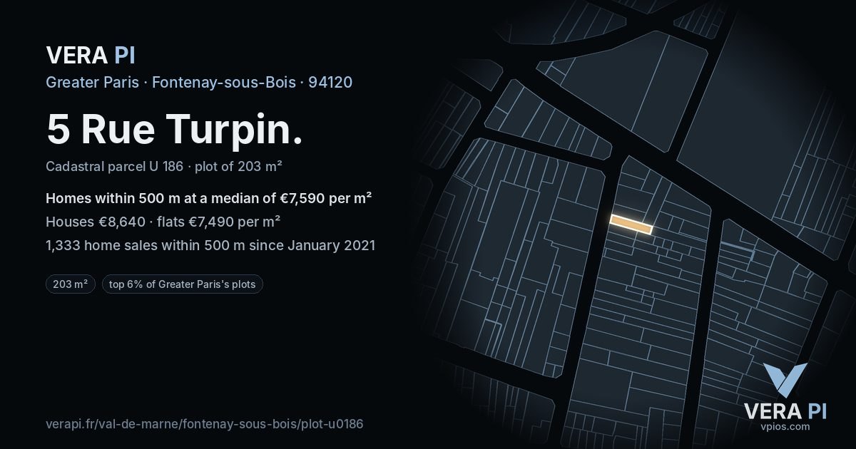5 Rue Turpin, Fontenay-sous-Bois at night – the plot lit, the parcels around coloured by the prices near them