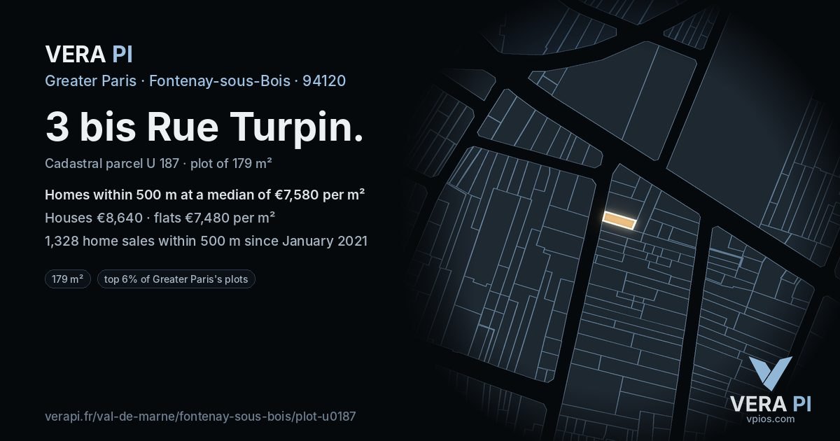 3 bis Rue Turpin, Fontenay-sous-Bois at night – the plot lit, the parcels around coloured by the prices near them