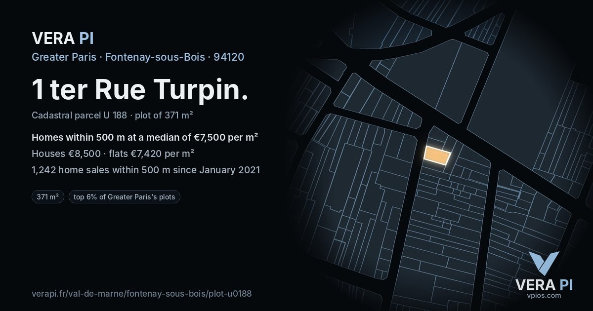 1 ter Rue Turpin, Fontenay-sous-Bois at night – the plot lit, the parcels around coloured by the prices near them