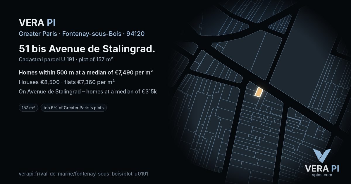 51 bis Avenue de Stalingrad, Fontenay-sous-Bois at night – the plot lit, the parcels around coloured by the prices near them