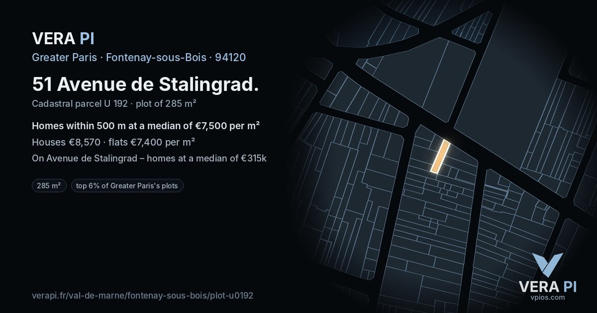 51 Avenue de Stalingrad, Fontenay-sous-Bois at night – the plot lit, the parcels around coloured by the prices near them