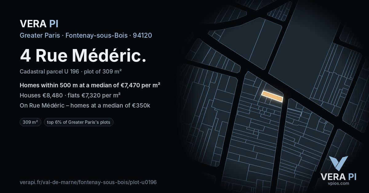 4 Rue Médéric, Fontenay-sous-Bois at night – the plot lit, the parcels around coloured by the prices near them