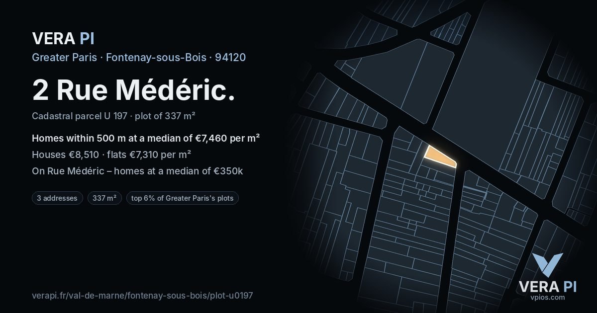2 Rue Médéric, Fontenay-sous-Bois at night – the plot lit, the parcels around coloured by the prices near them