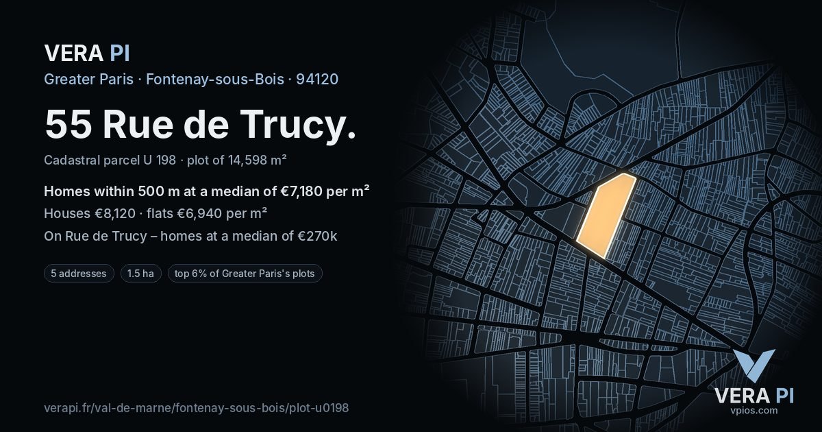 55 Rue de Trucy, Fontenay-sous-Bois at night – the plot lit, the parcels around coloured by the prices near them