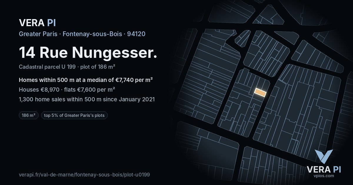 14 Rue Nungesser, Fontenay-sous-Bois at night – the plot lit, the parcels around coloured by the prices near them