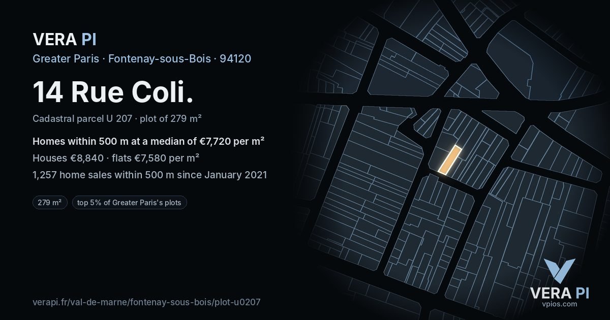 14 Rue Coli, Fontenay-sous-Bois at night – the plot lit, the parcels around coloured by the prices near them