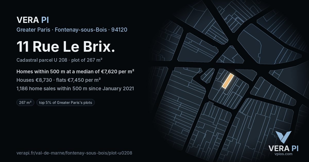 11 Rue Le Brix, Fontenay-sous-Bois at night – the plot lit, the parcels around coloured by the prices near them