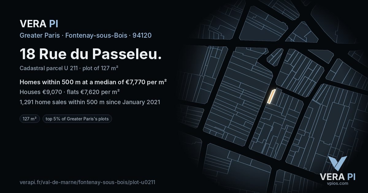 18 Rue du Passeleu, Fontenay-sous-Bois at night – the plot lit, the parcels around coloured by the prices near them