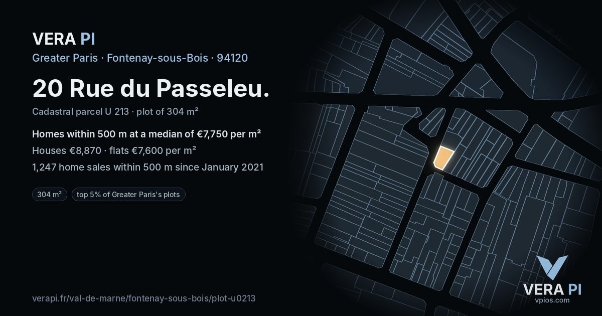 20 Rue du Passeleu, Fontenay-sous-Bois at night – the plot lit, the parcels around coloured by the prices near them