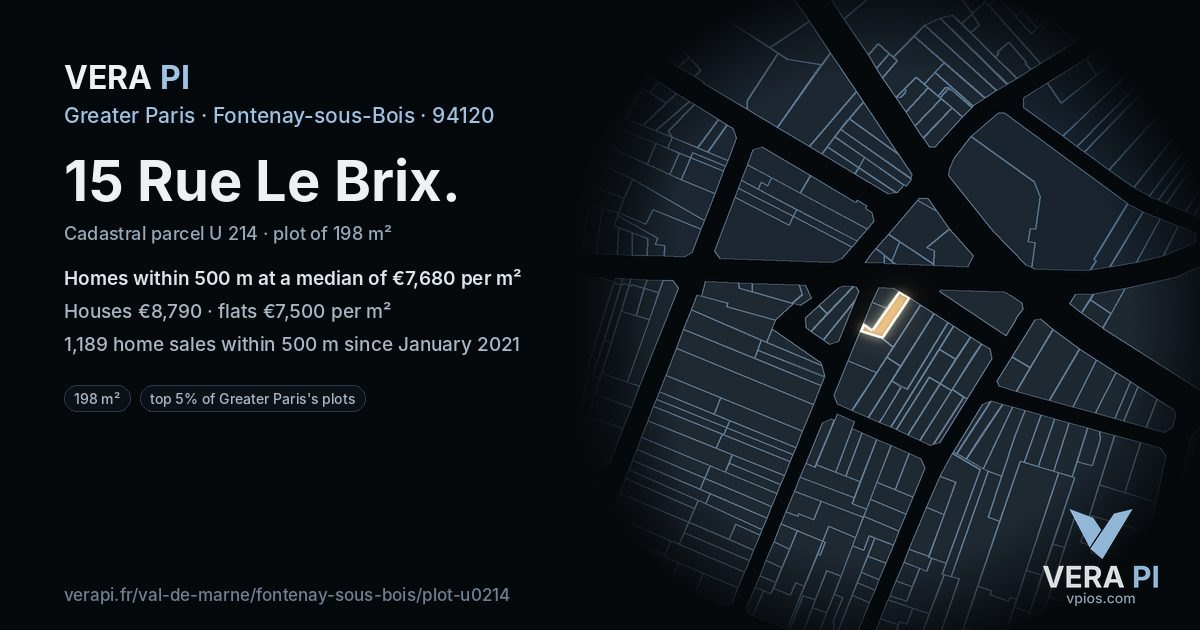 15 Rue Le Brix, Fontenay-sous-Bois at night – the plot lit, the parcels around coloured by the prices near them