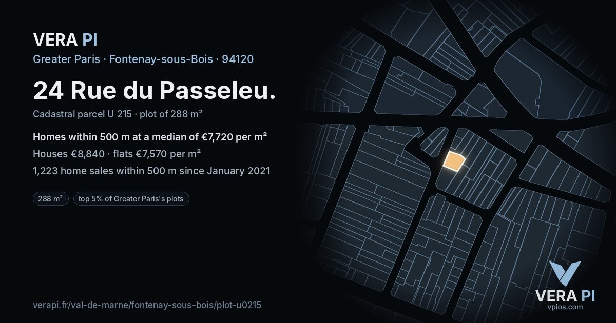 24 Rue du Passeleu, Fontenay-sous-Bois at night – the plot lit, the parcels around coloured by the prices near them
