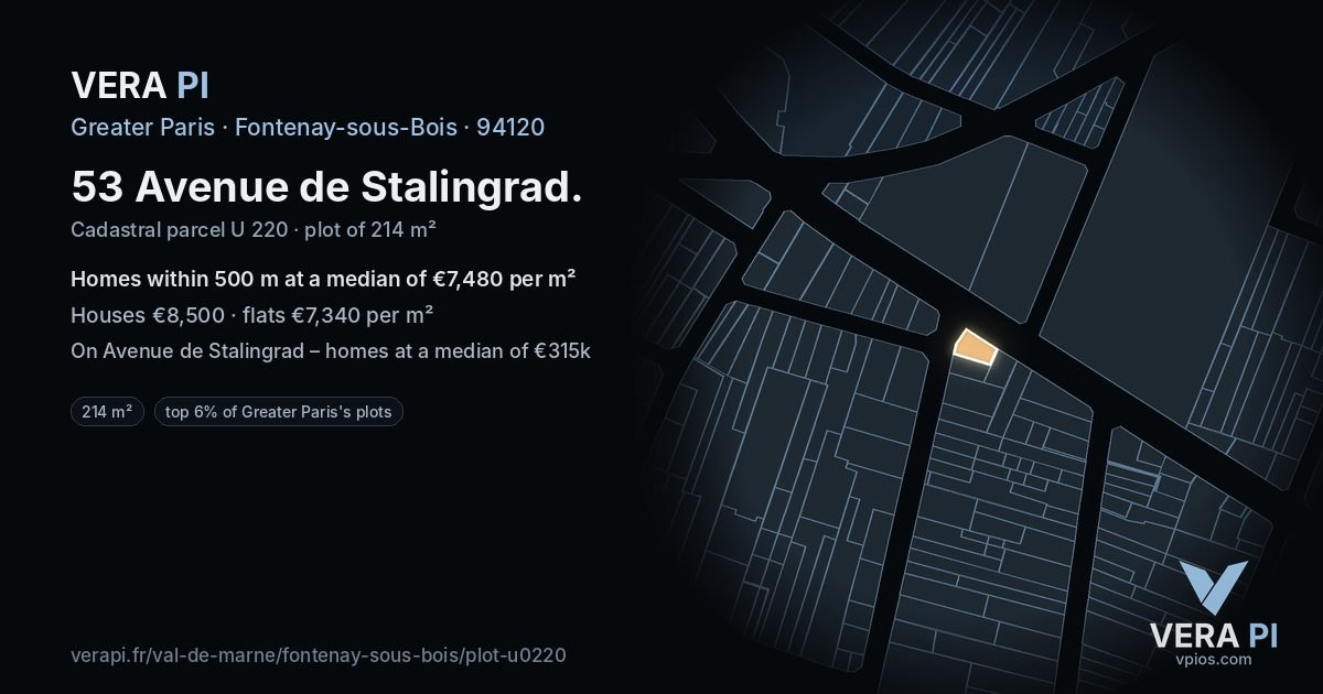 53 Avenue de Stalingrad, Fontenay-sous-Bois at night – the plot lit, the parcels around coloured by the prices near them