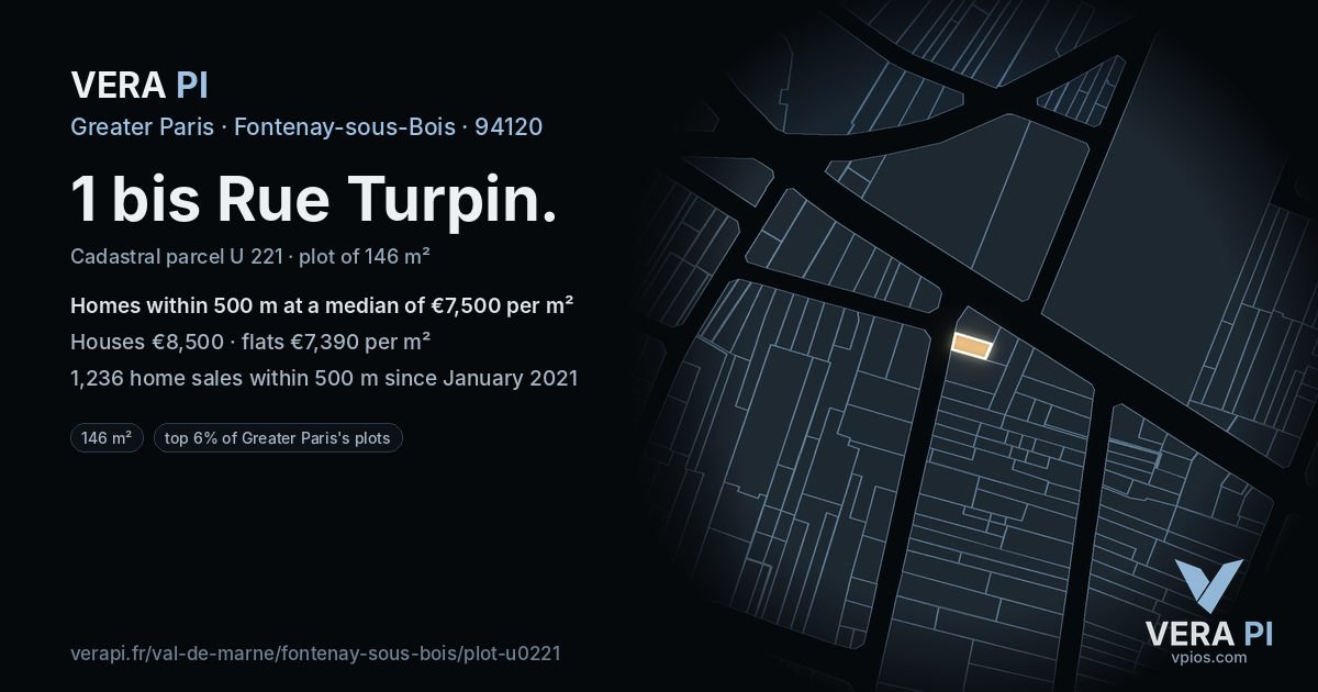 1 bis Rue Turpin, Fontenay-sous-Bois at night – the plot lit, the parcels around coloured by the prices near them