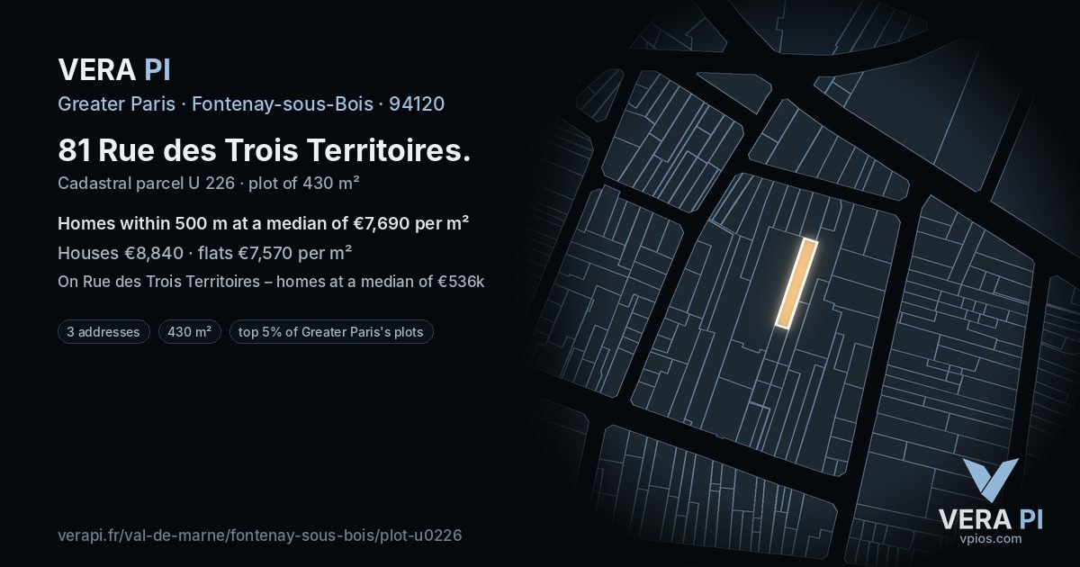 81 Rue des Trois Territoires, Fontenay-sous-Bois at night – the plot lit, the parcels around coloured by the prices near them