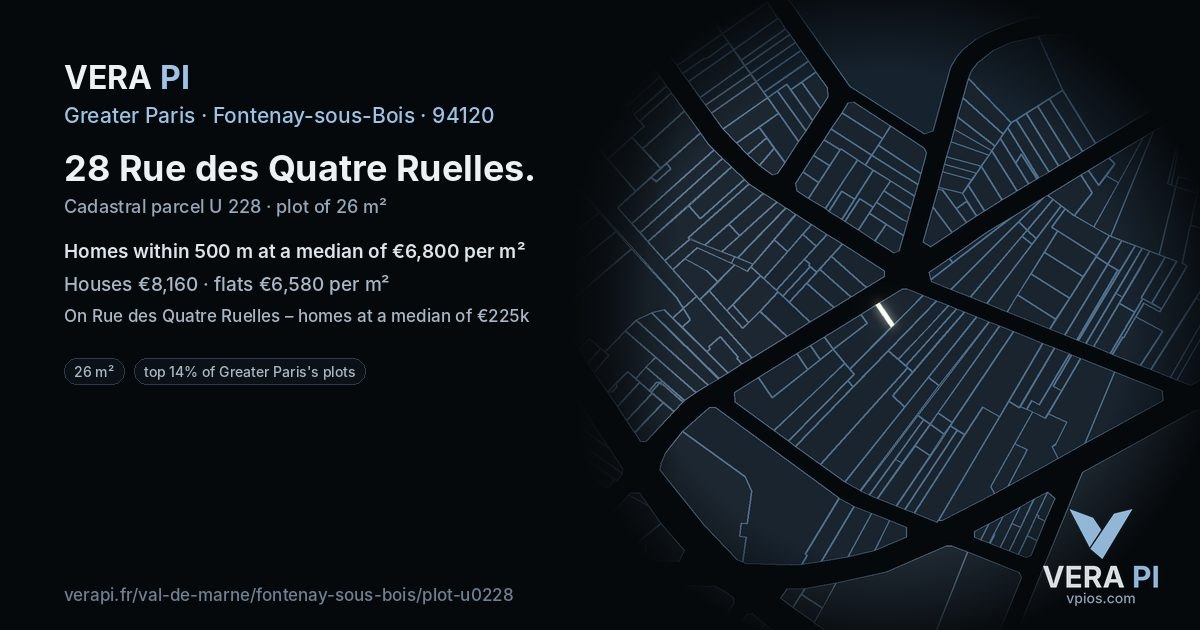 28 Rue des Quatre Ruelles, Fontenay-sous-Bois at night – the plot lit, the parcels around coloured by the prices near them