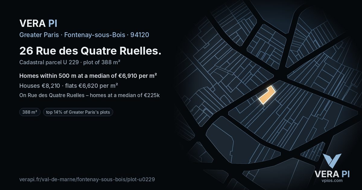 26 Rue des Quatre Ruelles, Fontenay-sous-Bois at night – the plot lit, the parcels around coloured by the prices near them