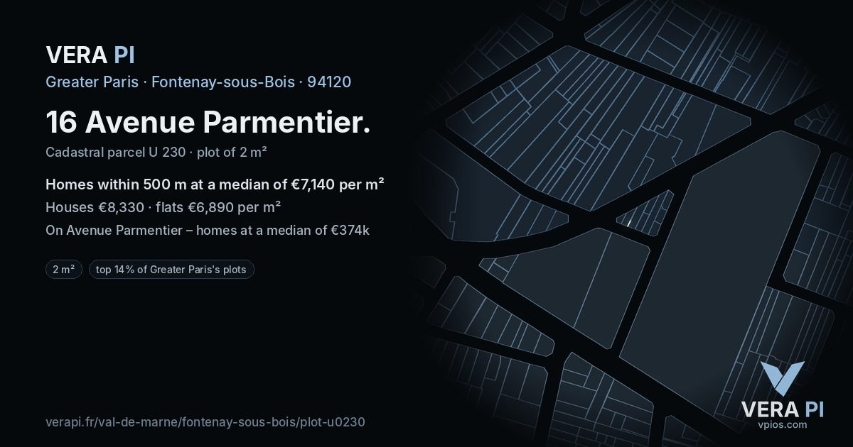16 Avenue Parmentier, Fontenay-sous-Bois at night – the plot lit, the parcels around coloured by the prices near them